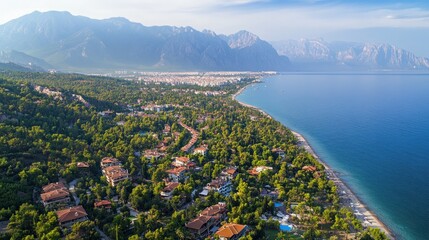 Fototapeta premium Aerial View of a Coastal Town Nestled Amidst Lush Green Foliage and Majestic Mountains