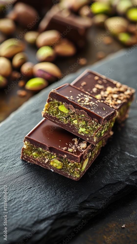 Poster rich chocolate and pistachio bars stacked on a slate surface with scattered nuts in the background d
