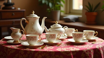Fototapeta premium A traditional tea set arranged on an intricately patterned tablecloth