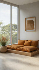 Fototapeta premium Cozy modern interior with comfortable seating and natural light in a serene environment