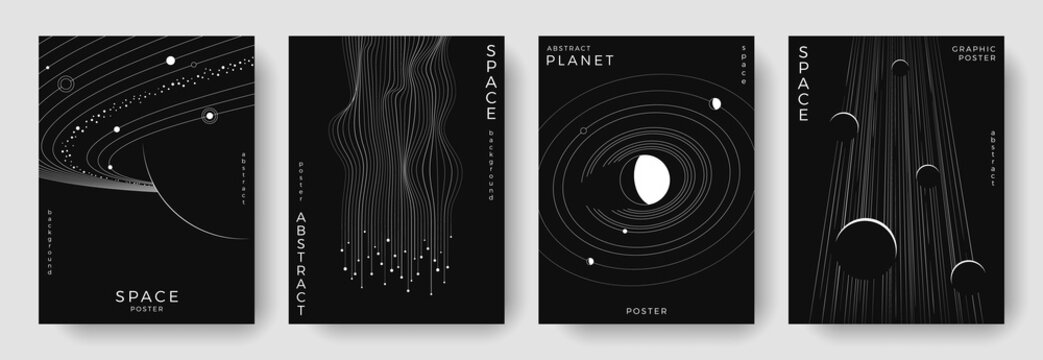 Fototapeta Set of abstract space astronomy backgrounds. Line art planet, galaxy, solar system, meteorites. Science future concept. Cosmic minimalist design for cover, poster, layout, banner, flyer, brochure
