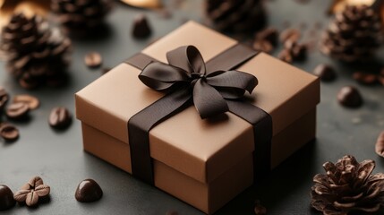 Gift box wrapped with a black ribbon surrounded by coffee beans and pine cones on a dark surface