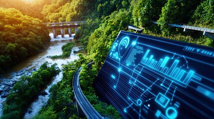 hydroelectric dam with digital interface overlooking river, surrounded by lush greenery, showcases blend of nature and technology in energy production