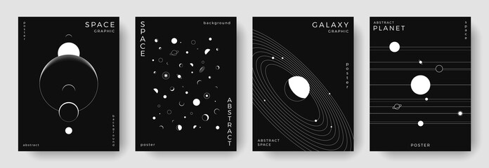 Set of abstract space astronomy backgrounds. Line art planet, galaxy, solar system, universe. Science future concept. Cosmic minimalist design for cover, poster, layout, banner, flyer, brochure © Anastasiya Stoma