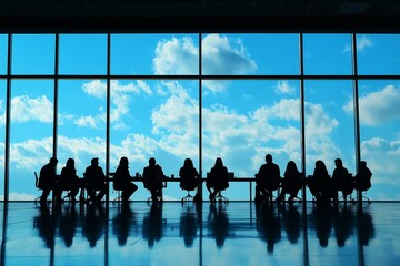 Business meeting taking place indoors with a backdrop of a clear sky and fluffy clouds at daytime