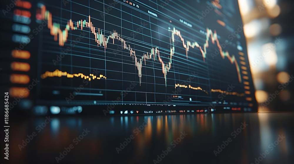 Poster close-up of a computer screen displaying dynamic stock market charts and financial data, reflecting 