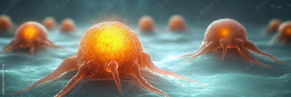 Aufkleber Glowing edges of cancer cells illuminate a microscopic world in vibrant detail during a laboratory analysis. Generative AI