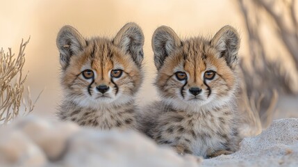 Obraz premium Two Adorable Serval Kittens Resting Together