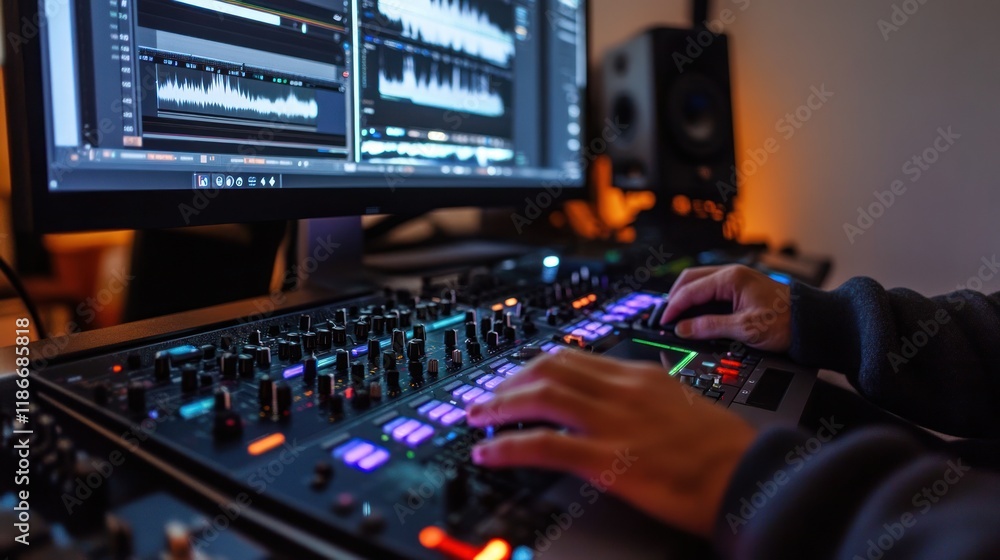 Poster music production studio: a close-up of hands working on a mixing console and computer