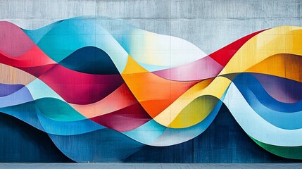 Abstract colorful wave mural on a concrete wall.