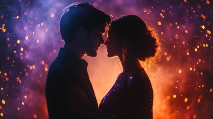 A couple stands close together, silhouetted against a striking burst of colors. The atmosphere is filled with shimmering lights as they share an intimate moment during a nighttime celebration.