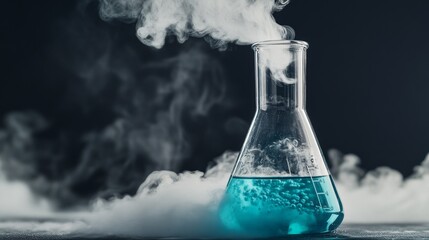 Experiment demonstrating chemical reaction with blue liquid and vapor rising from glass flask