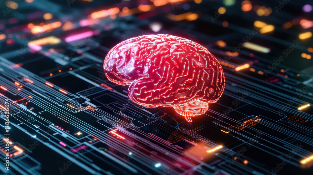 Poster digital brain with circuit patterns symbolizes AI and technology integration. This vibrant representation highlights fusion of human intelligence and artificial systems, showcasing innovation