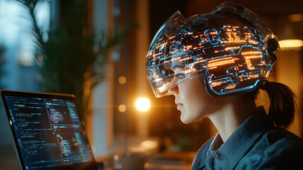 futuristic workspace featuring woman wearing high tech helmet, collaborating with AI technology on laptop. scene highlights innovation and advanced technology