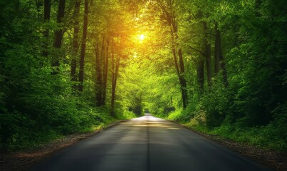 Obraz premium Serenity envelops a winding road under a canopy of vibrant green trees at sunset in a tranquil forest setting