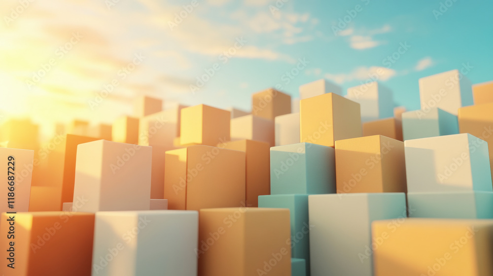 Poster abstract geometric cityscape at sunset, showcasing modern architecture with sunlight casting dynamic