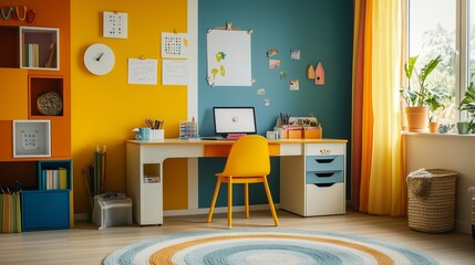 Cheerful study desk for kids with sunny-themed decor.