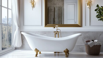 Bright bathroom with clawfoot bathtub and gold details.