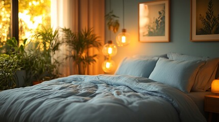 Serene bedroom with blue bedding and warm lighting