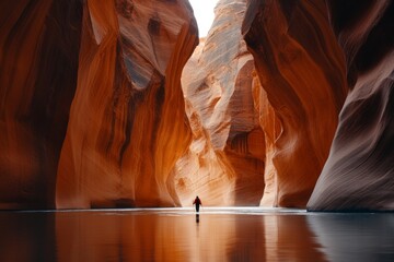 A serene scene of a hiker exploring the Narrows in Zion National Park, with towering canyon walls and a flowing river