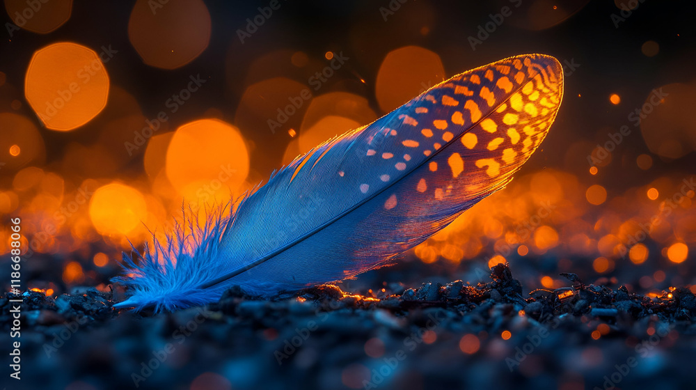 Poster blue and orange illuminated feather with bokeh background