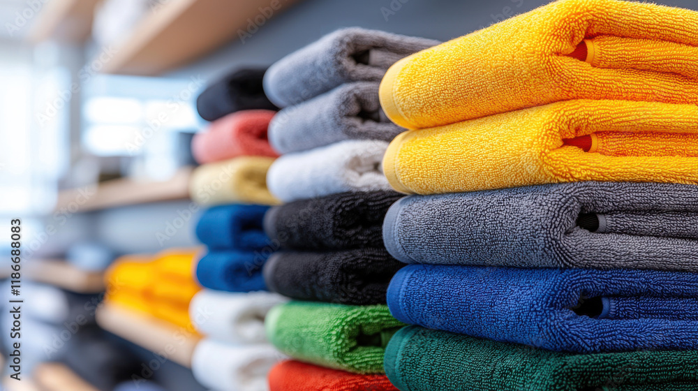 Poster set of colorful towels neatly stacked in retail shop, showcasing various textures and hues, creating