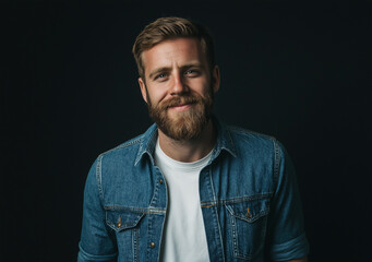 Fototapeta premium Portrait of a happy man in a denim shirt and white t-shirt, looking at the camera and smiling, isolated on a black background.