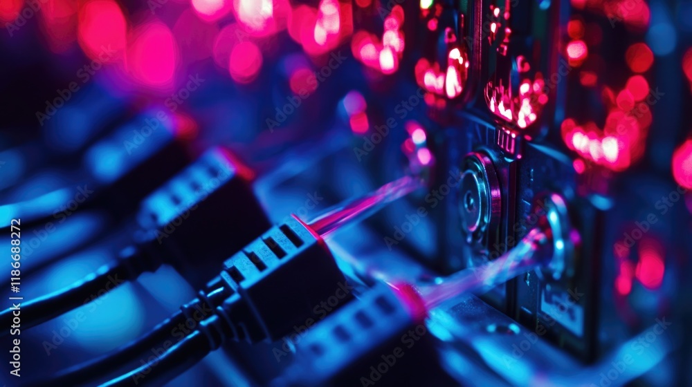 Poster close-up view of wires connected to a computer, suitable for use in tech-related contexts