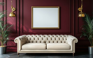 Elegant cream sofa in a burgundy room with gold accents, mockup frame