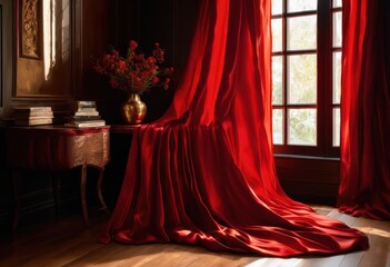 elegant display vibrant red fabric draped rich wood texture showcasing textiles natural materials, design, color, surface, aesthetic, composition, fashion