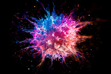 Fototapeta premium Glowing Abstract Virus Particles in a Futuristic Microscopic Landscape, Representing Diseases and Pathogens in a Vibrant Digital Art Style