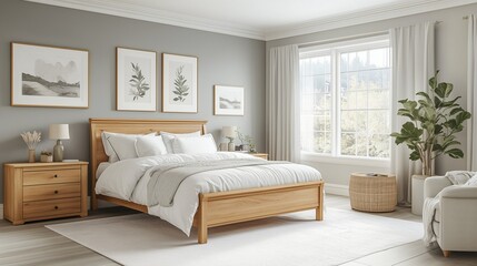 Bright bedroom with wooden furniture and natural accents.