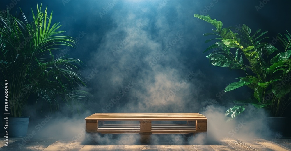 Poster mysterious indoor setting with fog and plants creating an eerie yet captivating atmosphere in the ev