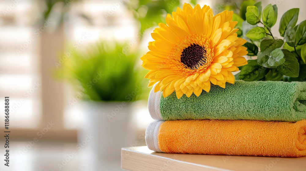Poster Bright and colorful towels stacked on wooden shelf, adorned with sunflower and greenery, create cheerful and inviting atmosphere in cozy space