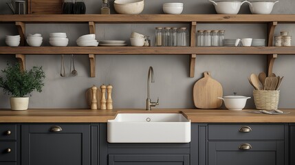 Farmhouse kitchen with wooden countertop and open shelving.