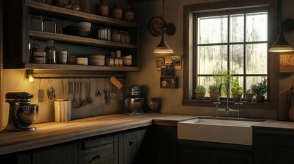 Fototapeta premium Rustic kitchen with farmhouse sink and wooden accents.