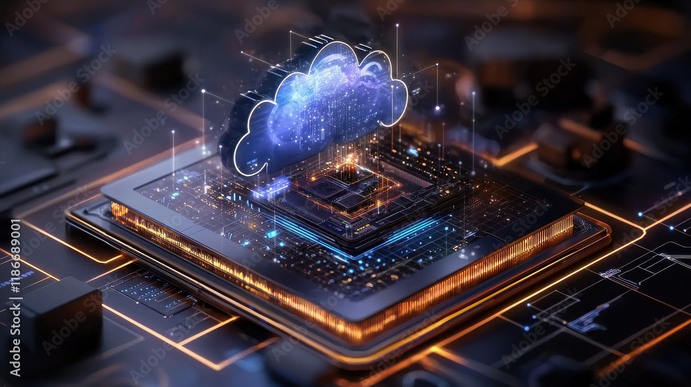 Poster digital cloud computing concept with glowing cloud icon above microchip, representing advanced technology and data optimization