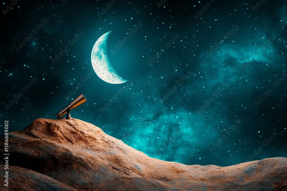 Poster a silhouette of a telescope pointing toward the stars, with a crescent moon and minimalist constella
