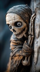 A bone-chilling skeleton wrapped in faded cloth, wandering through a long-forgotten dungeon. Creeping shadows stretch along the walls. Gothic dark fantasy, smartphone wallpaper concept.