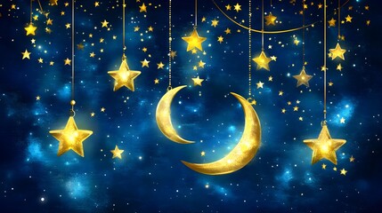 Serene Blue Night Sky with Scattered Stars and Golden Crescent Moons