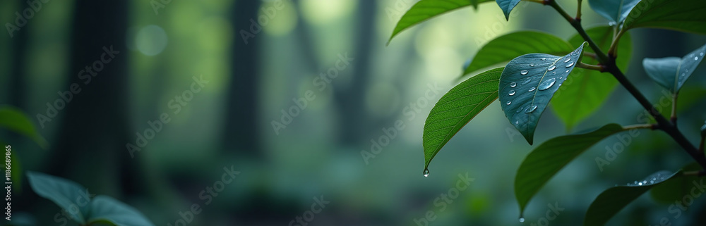 Poster Droplets Of Water Cling To Dark Forest Leaves Amidst A Serene Natural Setting Created By Artificial Intelligence Generative Techniques. 00002
