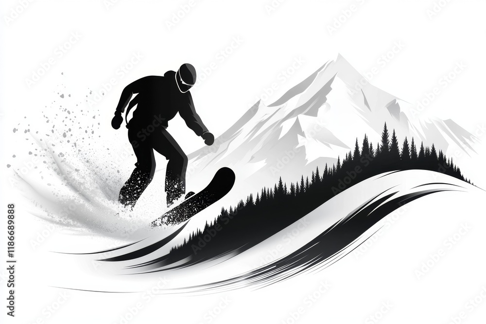Poster A simple icon of a snowboarder descending Utah snowy Wasatch Range, drawn with sharp, minimalist lines