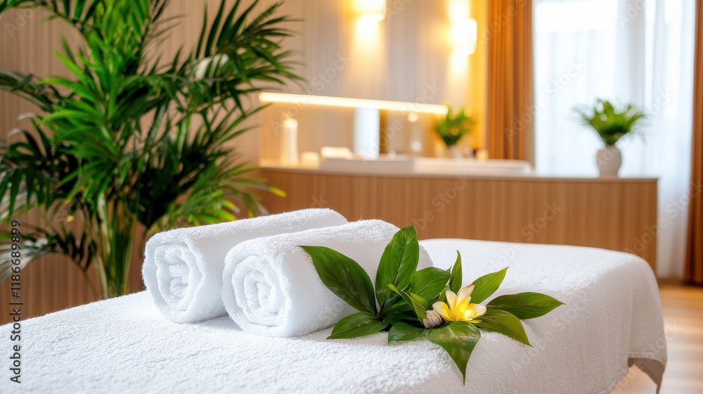 Aufkleber serene spa setting featuring rolled towels on massage table, surrounded by lush greenery and soft li