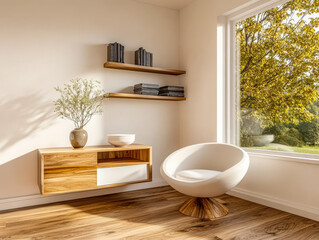 Modern interior design featuring a cozy chair and elegant decor in a sunlit space