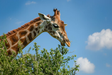 Fototapeta premium Tall Giraffes Gracefully Feeding on Fresh Foliage in a Serene Zoo Habitat, Capturing Nature's Elegance and Wildlife Charm