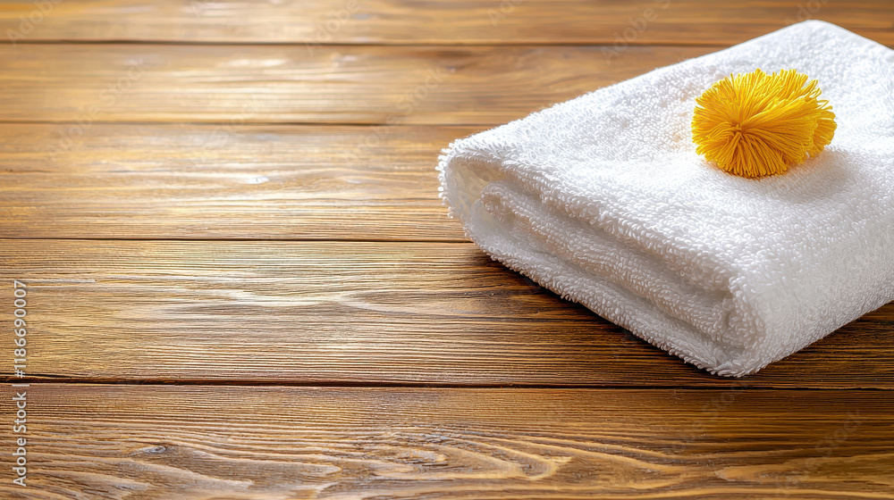 Poster neatly folded white towel with yellow decorative item on wooden surface creates serene and inviting 