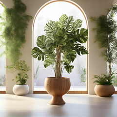 An indoor oasis filled with vibrant plants and bathed in warm sunlight with a minimalist wooden pedestal stands as a testament to simplicity and elegance.