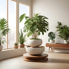 Fototapeta premium An indoor oasis filled with vibrant plants and bathed in warm sunlight with a minimalist wooden pedestal stands as a testament to simplicity and elegance.