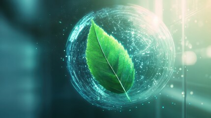 A conceptual image of a glowing green leaf merging with a holographic globe, set against a clean, abstract background emphasizing modern science