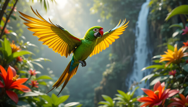 Green parrot in flight over waterfall and flowers.
